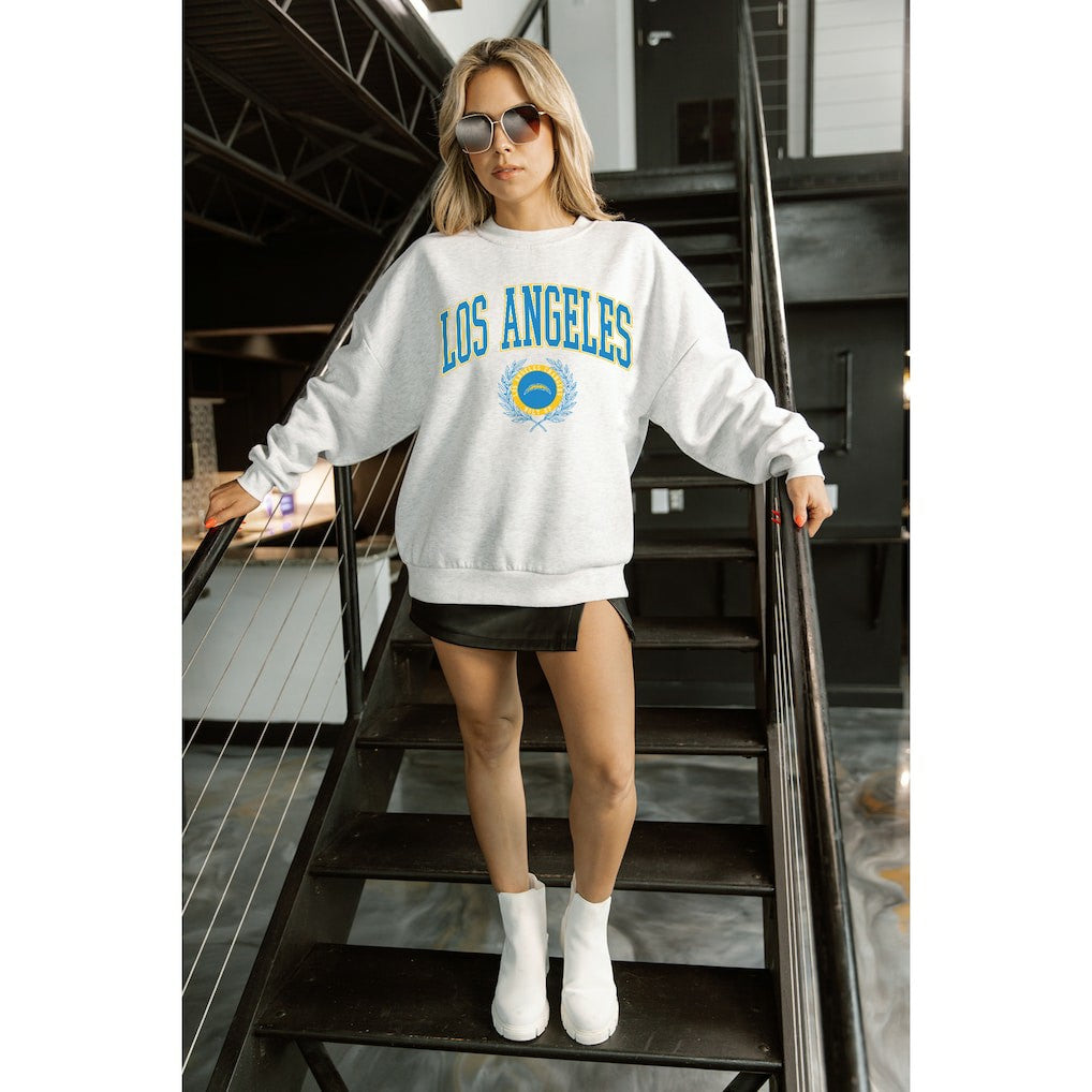 Los Angeles Chargers Gameday Couture Women's Traditional Logo Oversized Premium Fleece Pullover Sweatshirt - Ash Pullover
