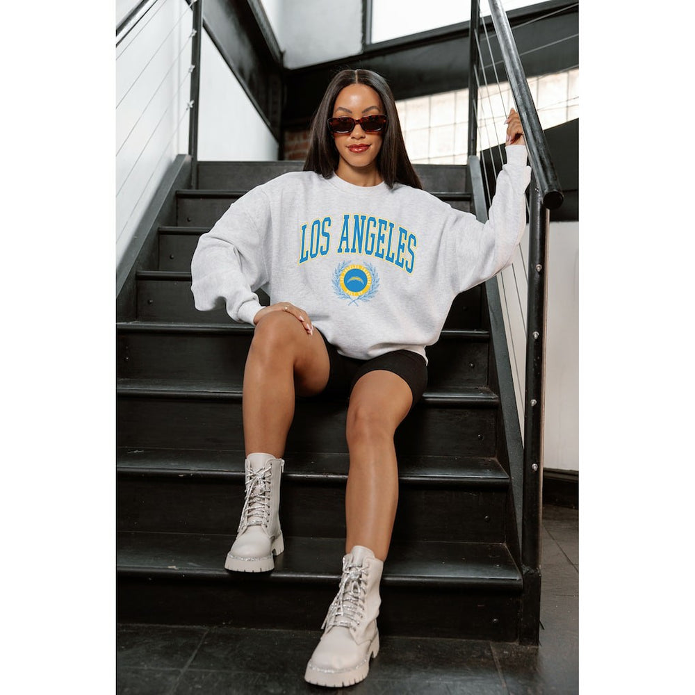 Los Angeles Chargers Gameday Couture Women's Traditional Logo Oversized Premium Fleece Pullover Sweatshirt - Ash Pullover
