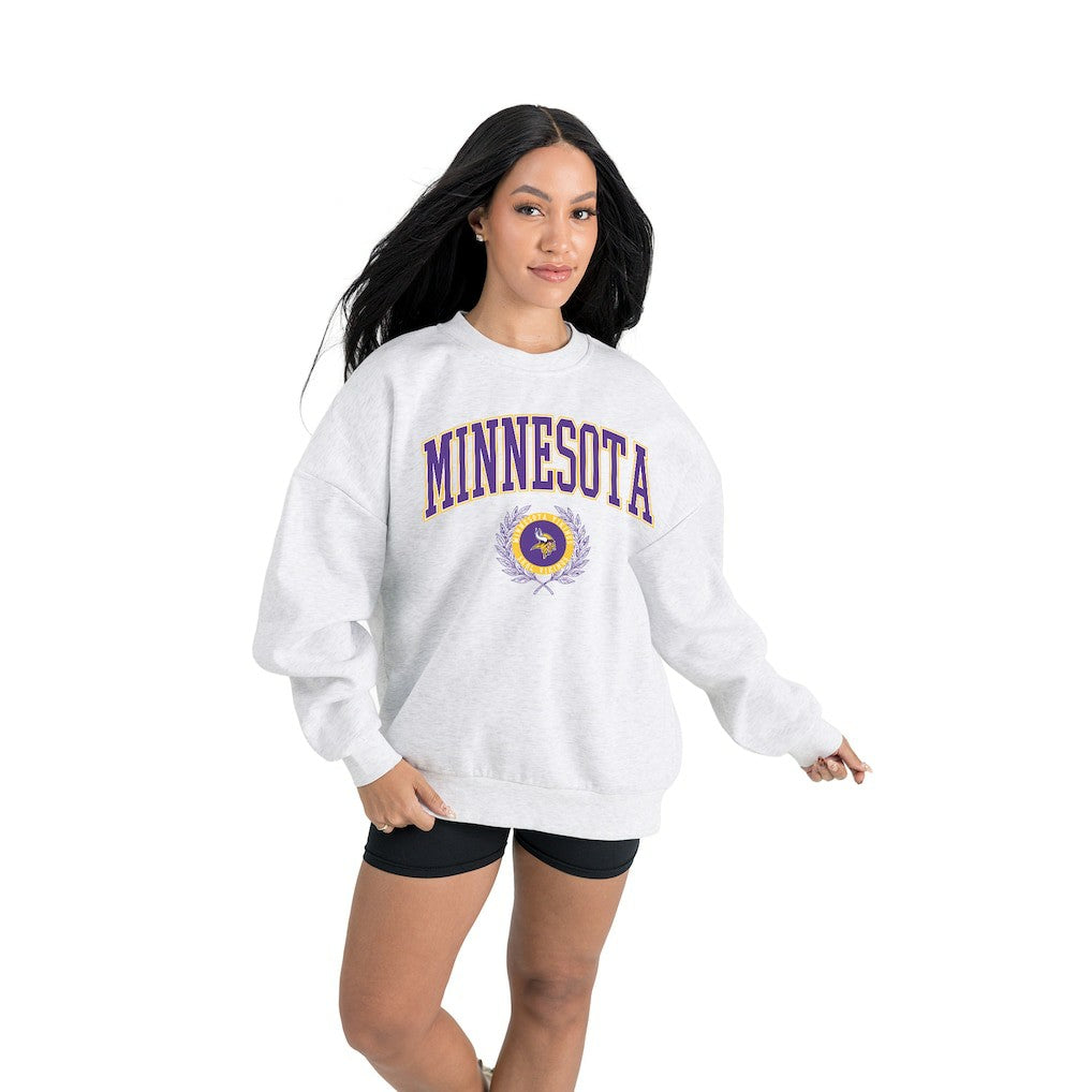 Minnesota Vikings Gameday Couture Women's Traditional Logo Oversized Premium Fleece Pullover Sweatshirt - Ash Pullover