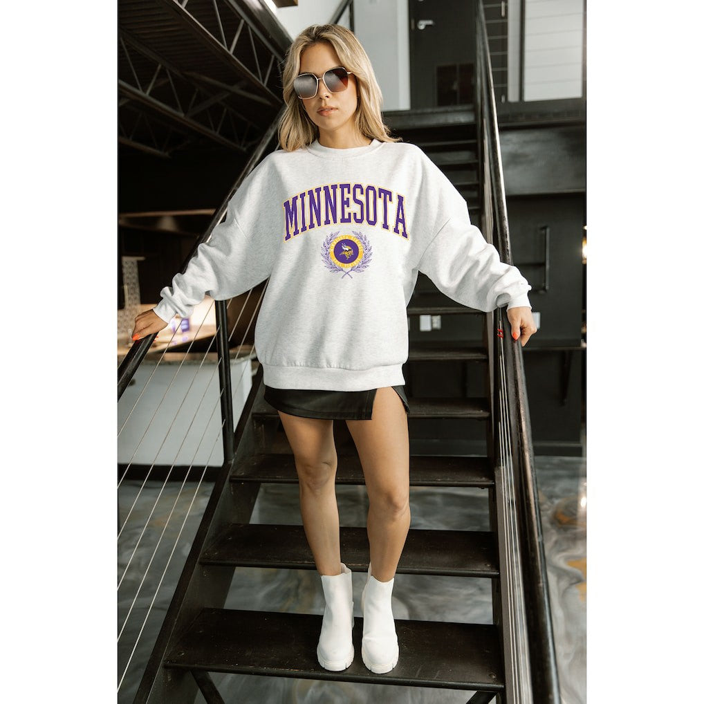 Minnesota Vikings Gameday Couture Women's Traditional Logo Oversized Premium Fleece Pullover Sweatshirt - Ash Pullover