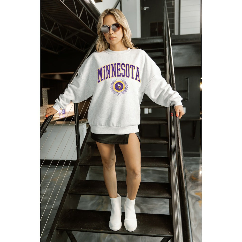 Minnesota Vikings Gameday Couture Women's Traditional Logo Oversized Premium Fleece Pullover Sweatshirt - Ash Pullover