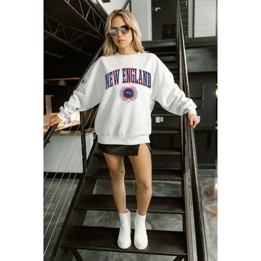 New England Patriots Gameday Couture Women's Traditional Logo Oversized Premium Fleece Pullover Sweatshirt - Ash Pullover