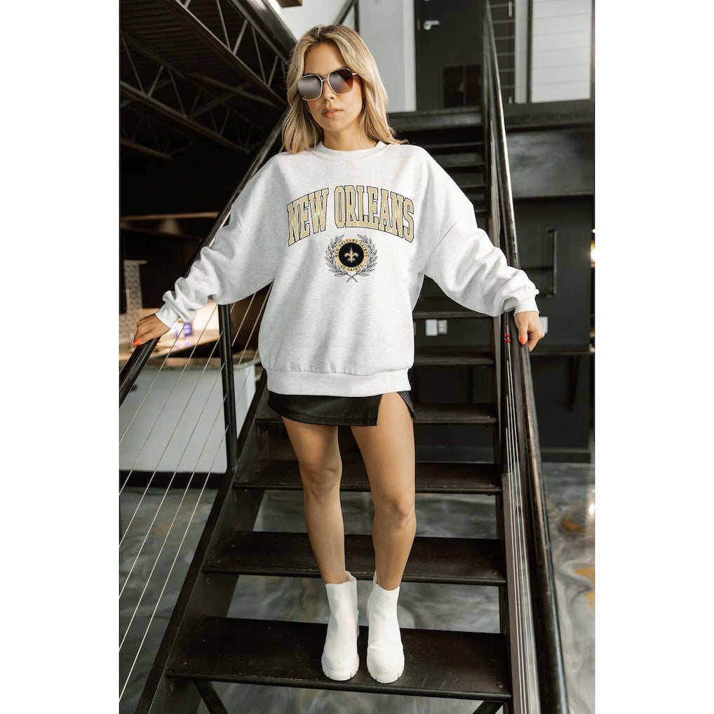 New Orleans Saints Gameday Couture Women's Traditional Logo Oversized Premium Fleece Pullover Sweatshirt - Ash Pullover