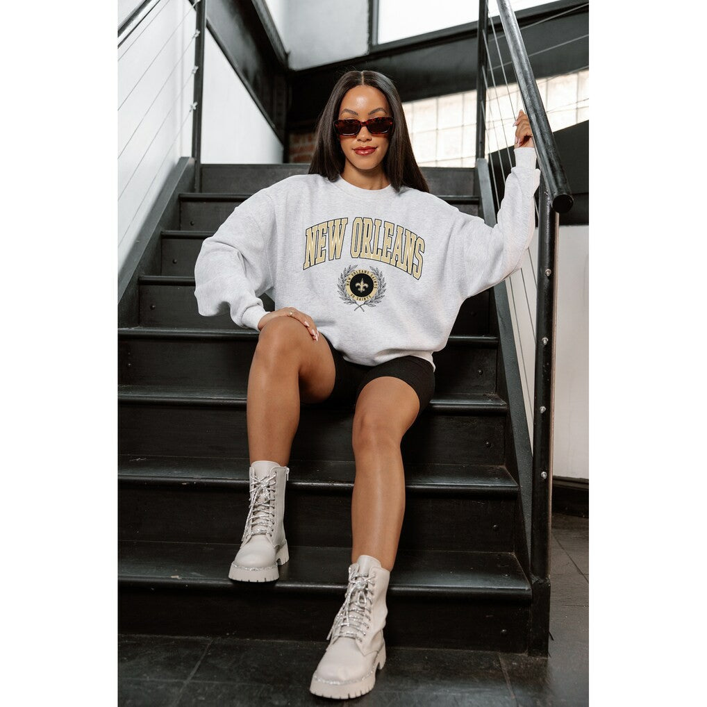 New Orleans Saints Gameday Couture Women's Traditional Logo Oversized Premium Fleece Pullover Sweatshirt - Ash Pullover