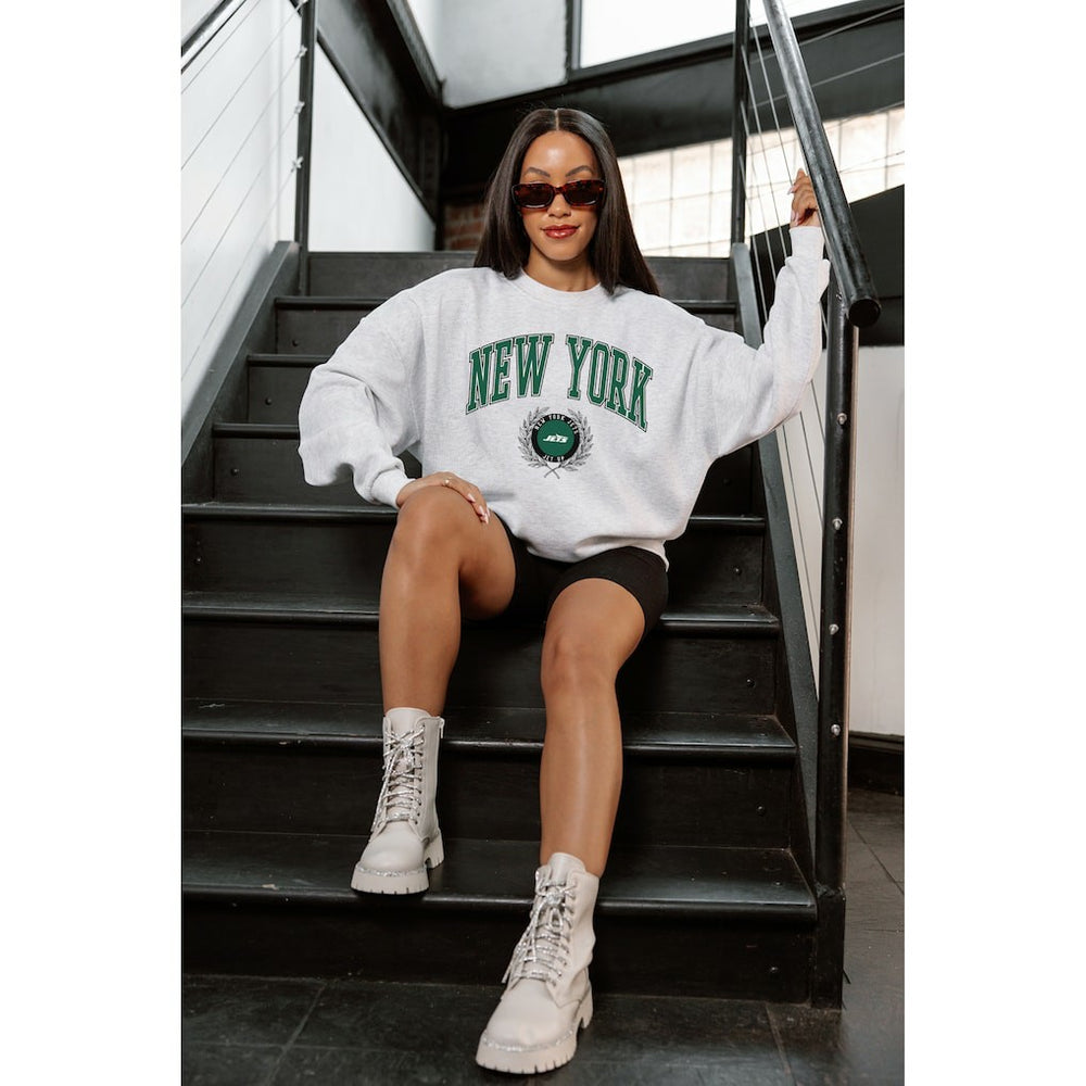 New York Jets Gameday Couture Women's Traditional Logo Oversized Premium Fleece Pullover Sweatshirt - Ash Pullover