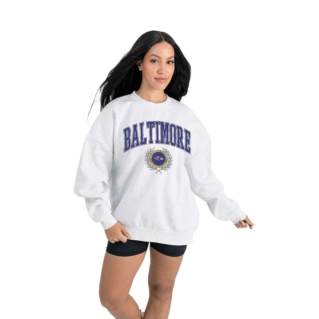 Baltimore Ravens Gameday Couture Women's Traditional Logo Oversized Premium Fleece Pullover Sweatshirt - Ash Pullover