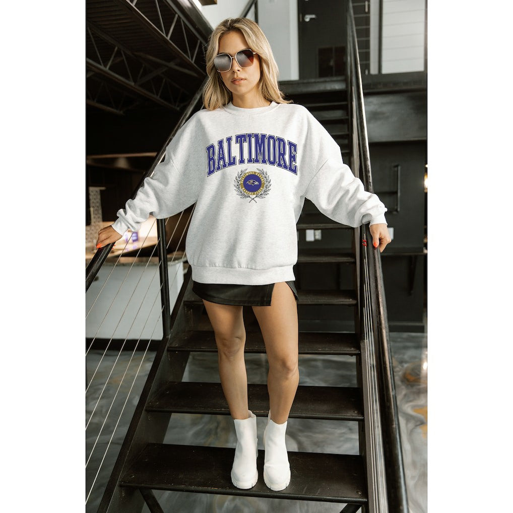 Baltimore Ravens Gameday Couture Women's Traditional Logo Oversized Premium Fleece Pullover Sweatshirt - Ash Pullover