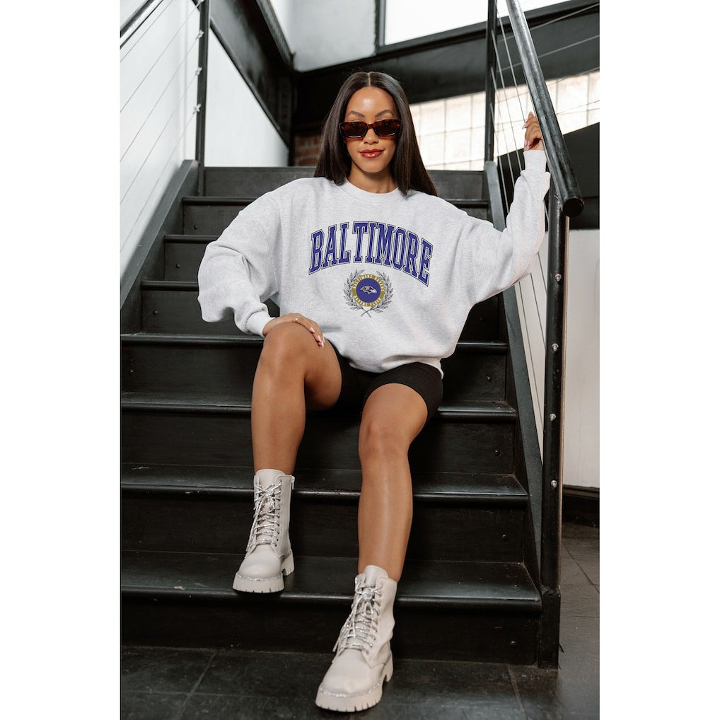 Baltimore Ravens Gameday Couture Women's Traditional Logo Oversized Premium Fleece Pullover Sweatshirt - Ash Pullover
