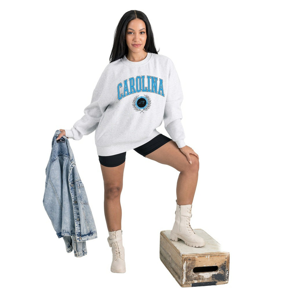Carolina Panthers Gameday Couture Women's Traditional Logo Oversized Premium Fleece Pullover Sweatshirt - Ash Pullover