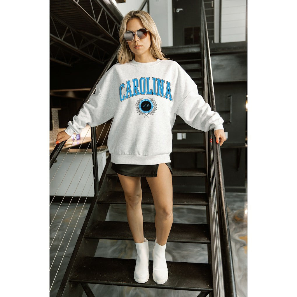 Carolina Panthers Gameday Couture Women's Traditional Logo Oversized Premium Fleece Pullover Sweatshirt - Ash Pullover