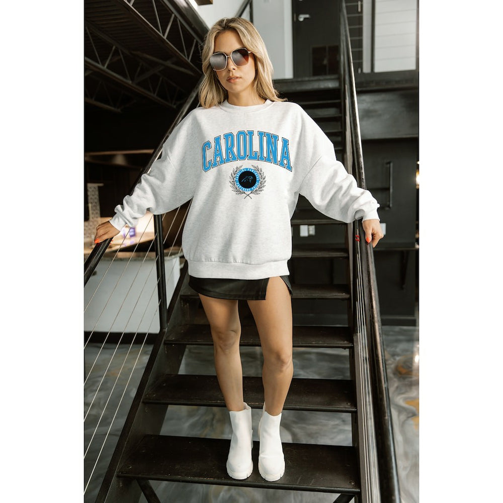 Carolina Panthers Gameday Couture Women's Traditional Logo Oversized Premium Fleece Pullover Sweatshirt - Ash Pullover