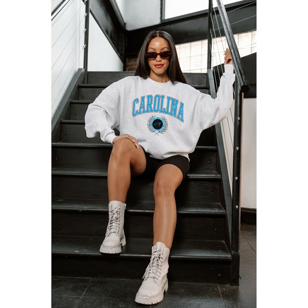Carolina Panthers Gameday Couture Women's Traditional Logo Oversized Premium Fleece Pullover Sweatshirt - Ash Pullover