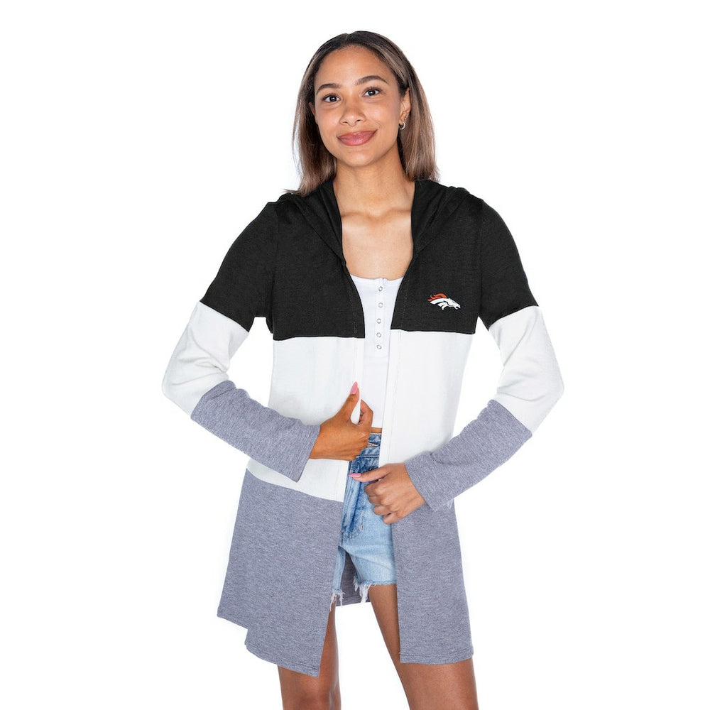 Denver Broncos Gameday Couture Women's Tri-Blend Color Block Lightweight Cardigan Hoodie - Black Hoodies