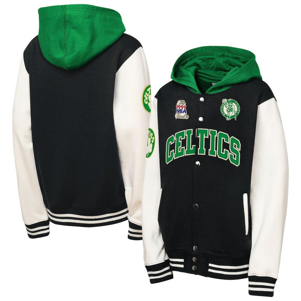 Boston Celtics Youth Hardwood Classics Courtside Fleece Full-Snap Hoodie Jacket Black - Mitchell & Ness