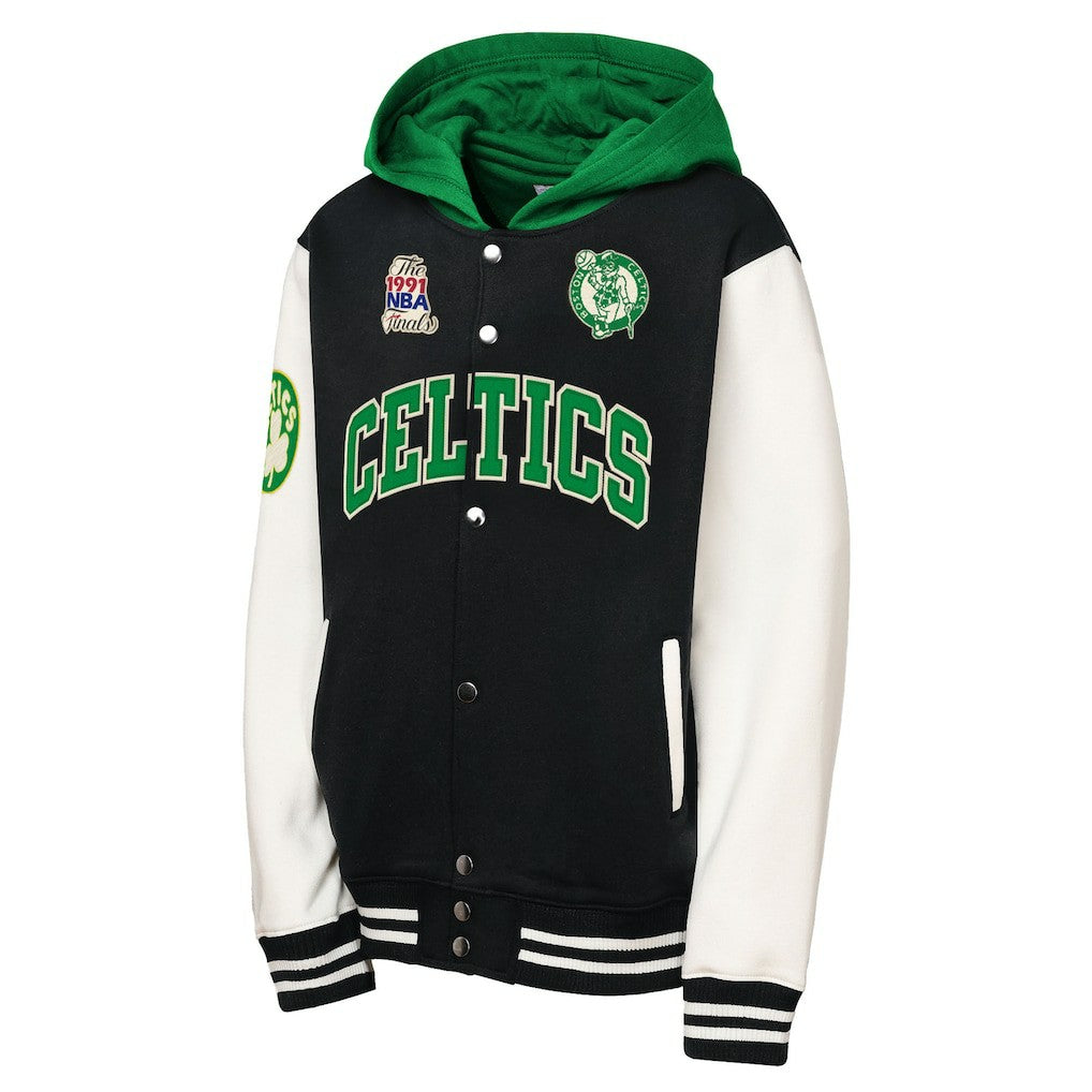Boston Celtics Youth Hardwood Classics Courtside Fleece Full-Snap Hoodie Jacket Black - Mitchell & Ness