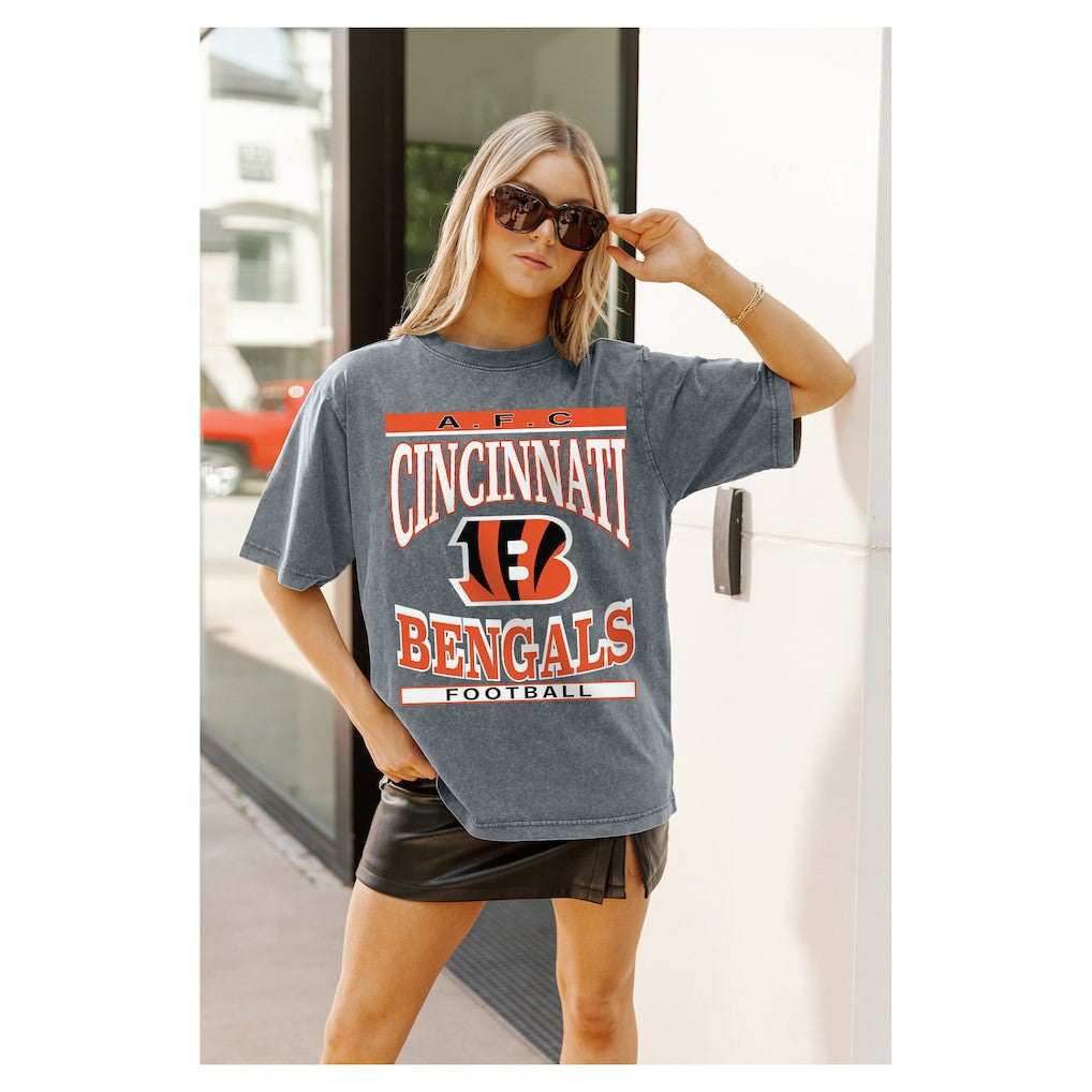 Cincinnati Bengals Gameday Couture Women's Oversized Classic Grind Washed T-Shirt - Gray T-shirts