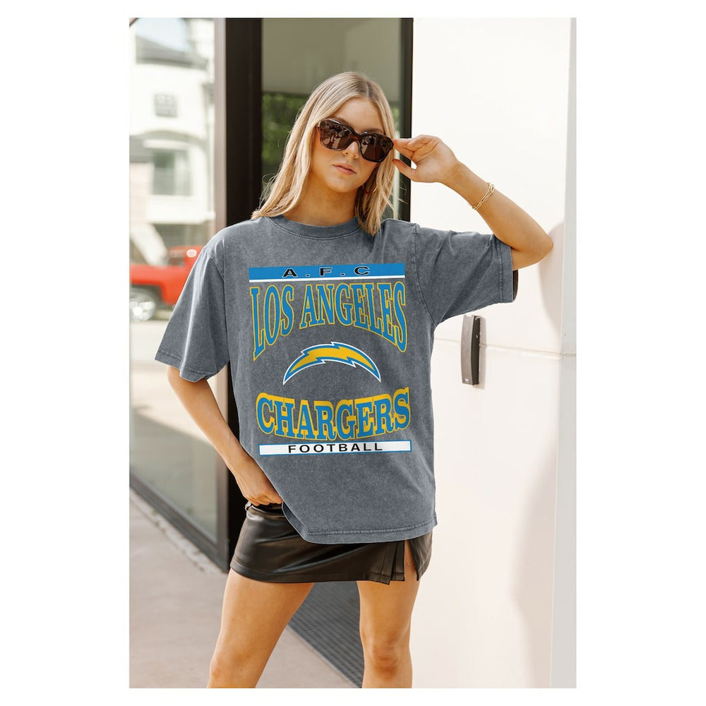 Los Angeles Chargers Gameday Couture Women's Oversized Classic Grind Washed T-Shirt - Gray T-shirts