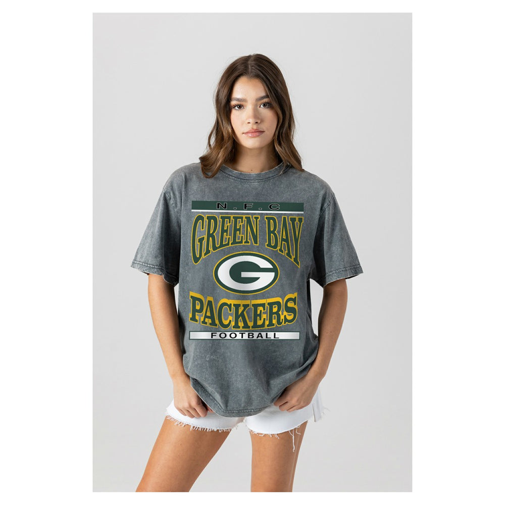 Green Bay Packers Gameday Couture Women's Oversized Classic Grind Washed T-Shirt - Gray T-shirts
