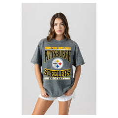 Pittsburgh Steelers Gameday Couture Women's Oversized Classic Grind Washed T-Shirt - Gray T-shirts