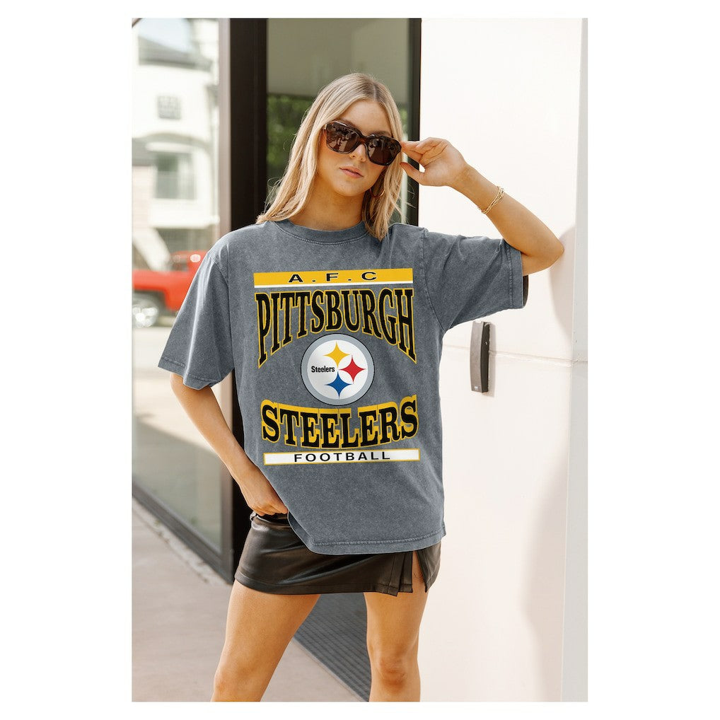 Pittsburgh Steelers Gameday Couture Women's Oversized Classic Grind Washed T-Shirt - Gray T-shirts