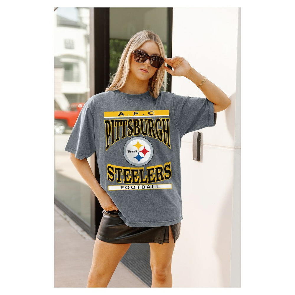 Pittsburgh Steelers Gameday Couture Women's Oversized Classic Grind Washed T-Shirt - Gray T-shirts