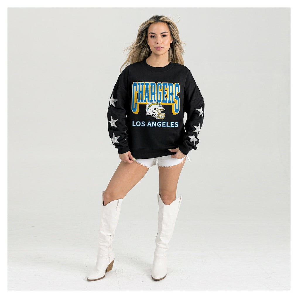 Los Angeles Chargers Gameday Couture Women's Pure Victory Rhinestud Star-Sleeve Pullover Sweatshirt - Black Pullover
