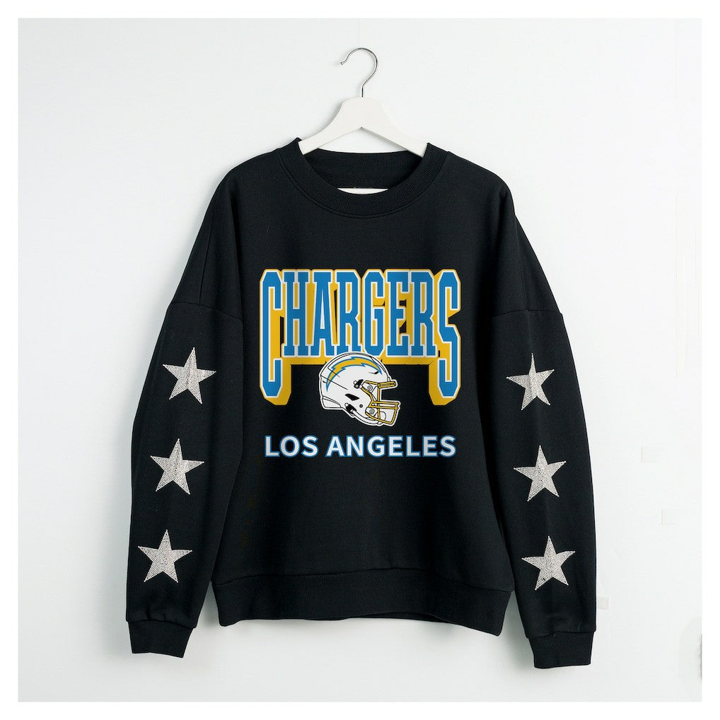 Los Angeles Chargers Gameday Couture Women's Pure Victory Rhinestud Star-Sleeve Pullover Sweatshirt - Black Pullover