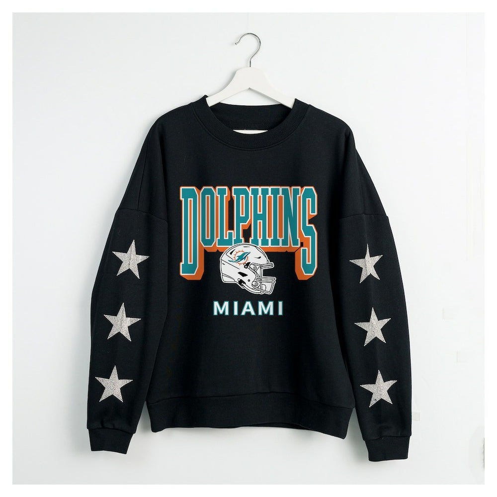 Miami Dolphins Gameday Couture Women's Pure Victory Rhinestud Star-Sleeve Pullover Sweatshirt - Black Pullover