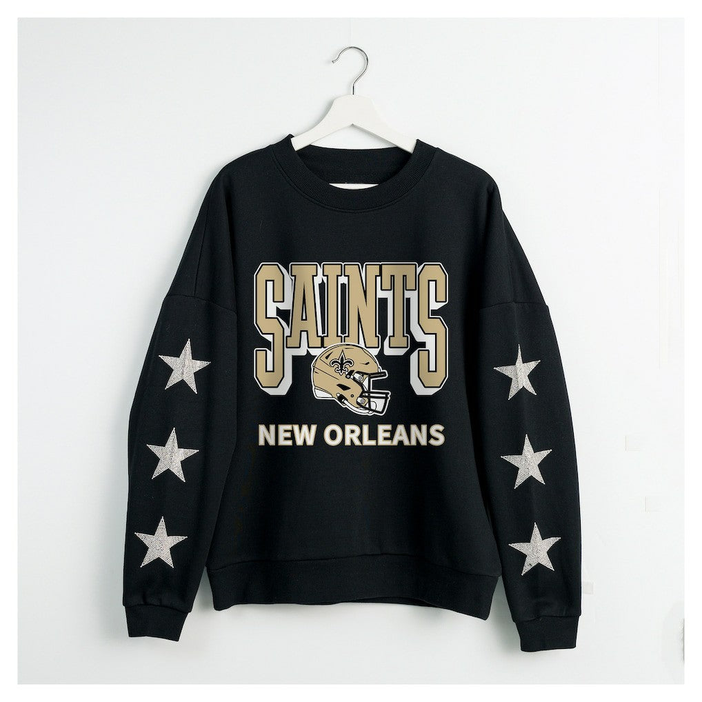 New Orleans Saints Gameday Couture Women's Pure Victory Rhinestud Star-Sleeve Pullover Sweatshirt - Black Pullover
