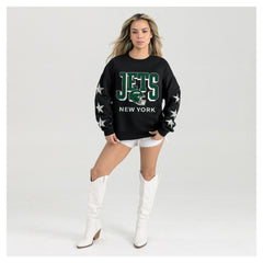 New York Jets Gameday Couture Women's Pure Victory Rhinestud Star-Sleeve Pullover Sweatshirt - Black Pullover