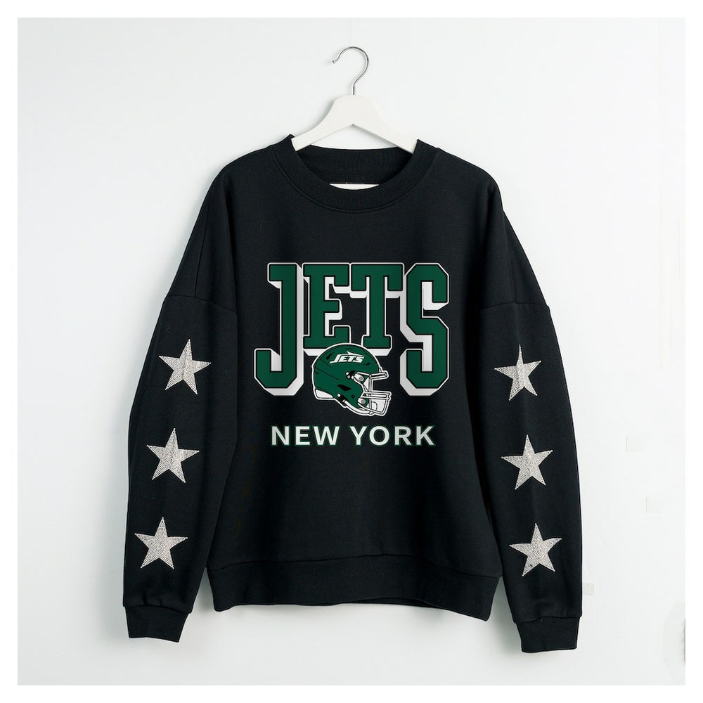 New York Jets Gameday Couture Women's Pure Victory Rhinestud Star-Sleeve Pullover Sweatshirt - Black Pullover