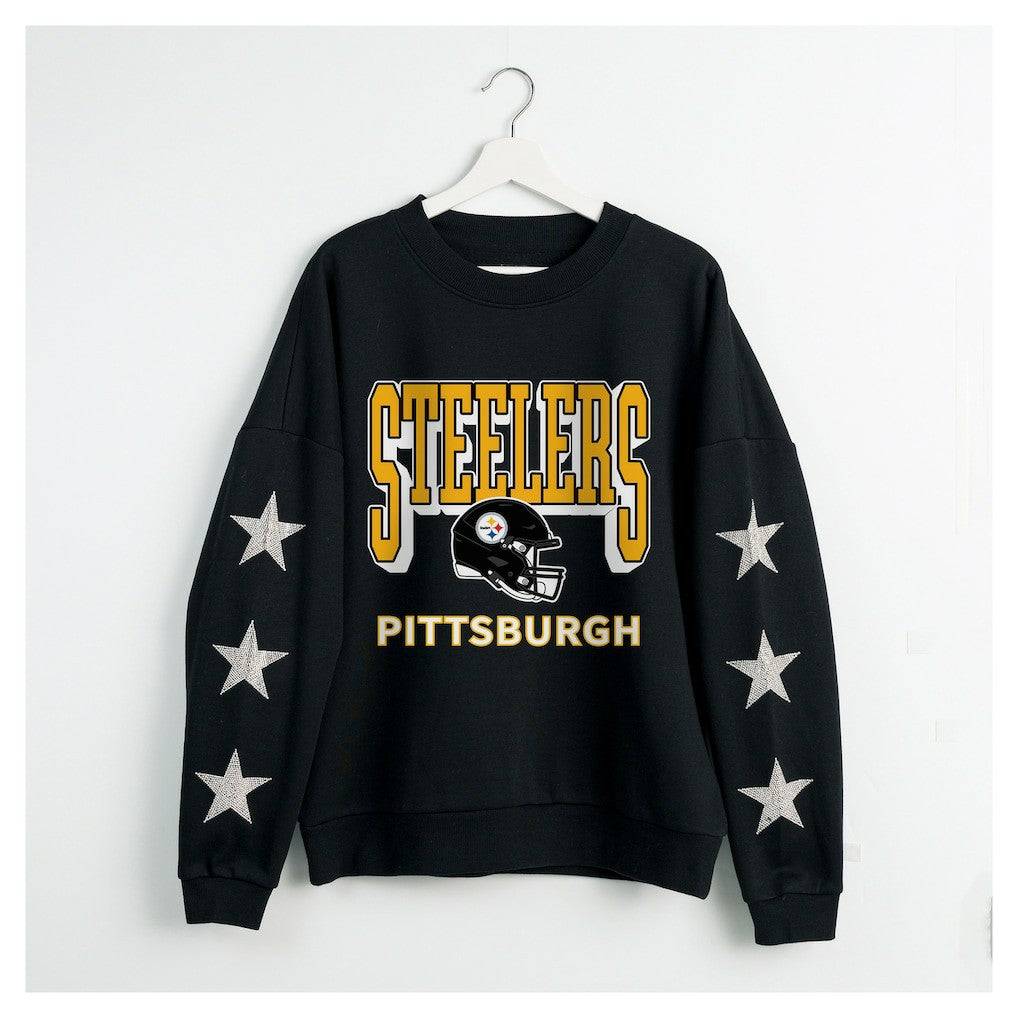 Pittsburgh Steelers Gameday Couture Women's Pure Victory Rhinestud Star-Sleeve Pullover Sweatshirt - Black Pullover