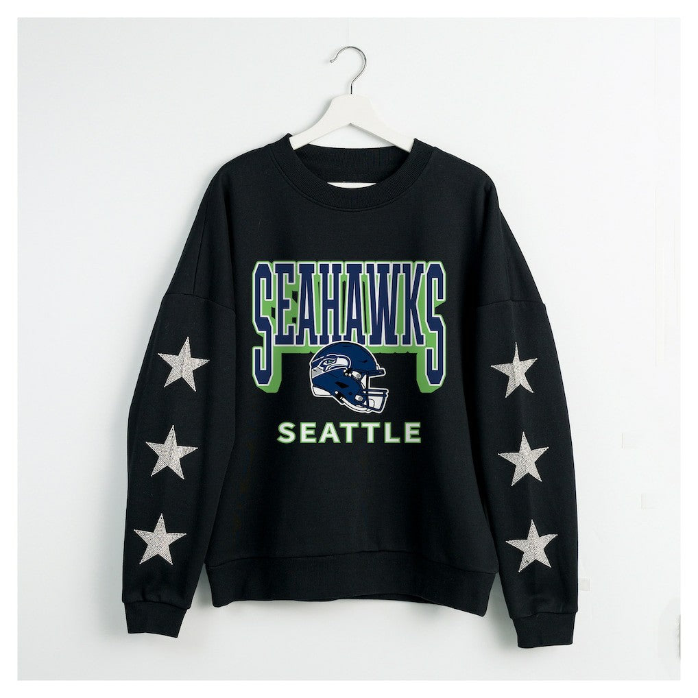 Seattle Seahawks Gameday Couture Women's Pure Victory Rhinestud Star-Sleeve Pullover Sweatshirt - Black Pullover