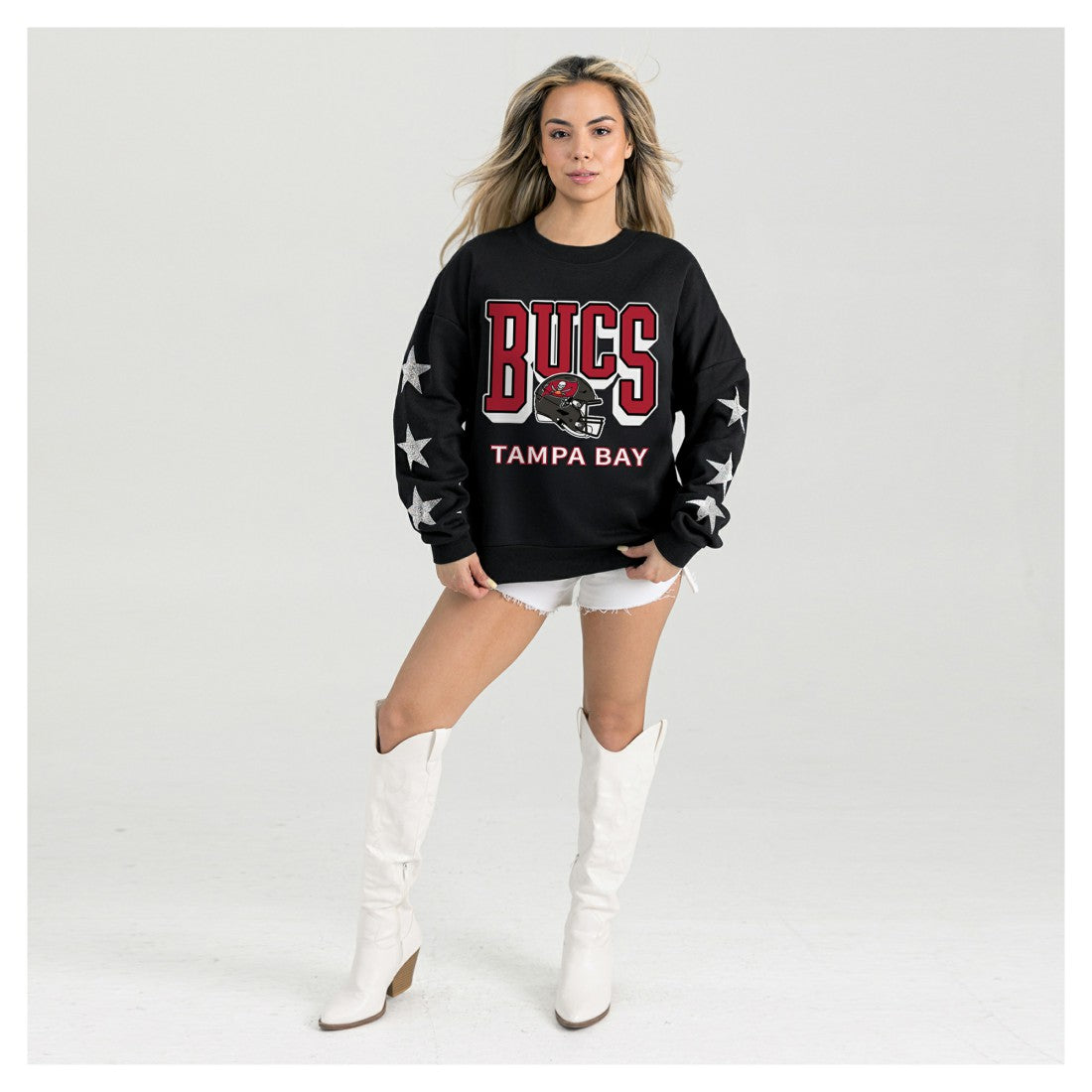 Tampa Bay Buccaneers Gameday Couture Women's Pure Victory Rhinestud Star-Sleeve Pullover Sweatshirt - Black Pullover