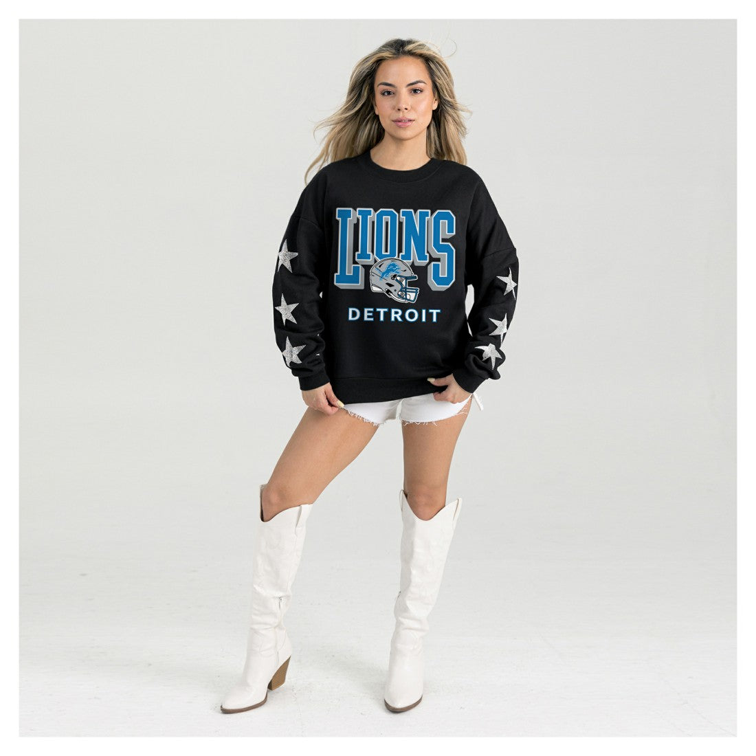 Detroit Lions Gameday Couture Women's Pure Victory Rhinestud Star-Sleeve Pullover Sweatshirt - Black Pullover