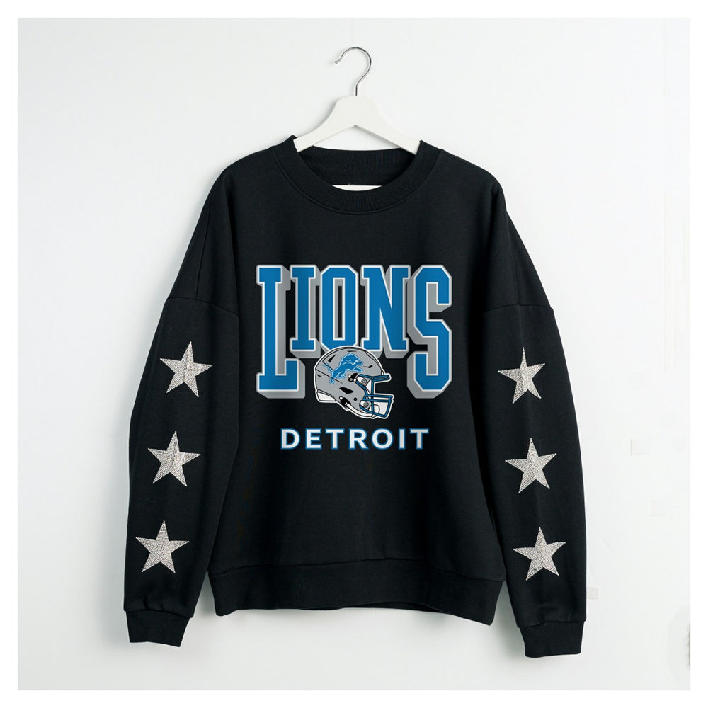 Detroit Lions Gameday Couture Women's Pure Victory Rhinestud Star-Sleeve Pullover Sweatshirt - Black Pullover