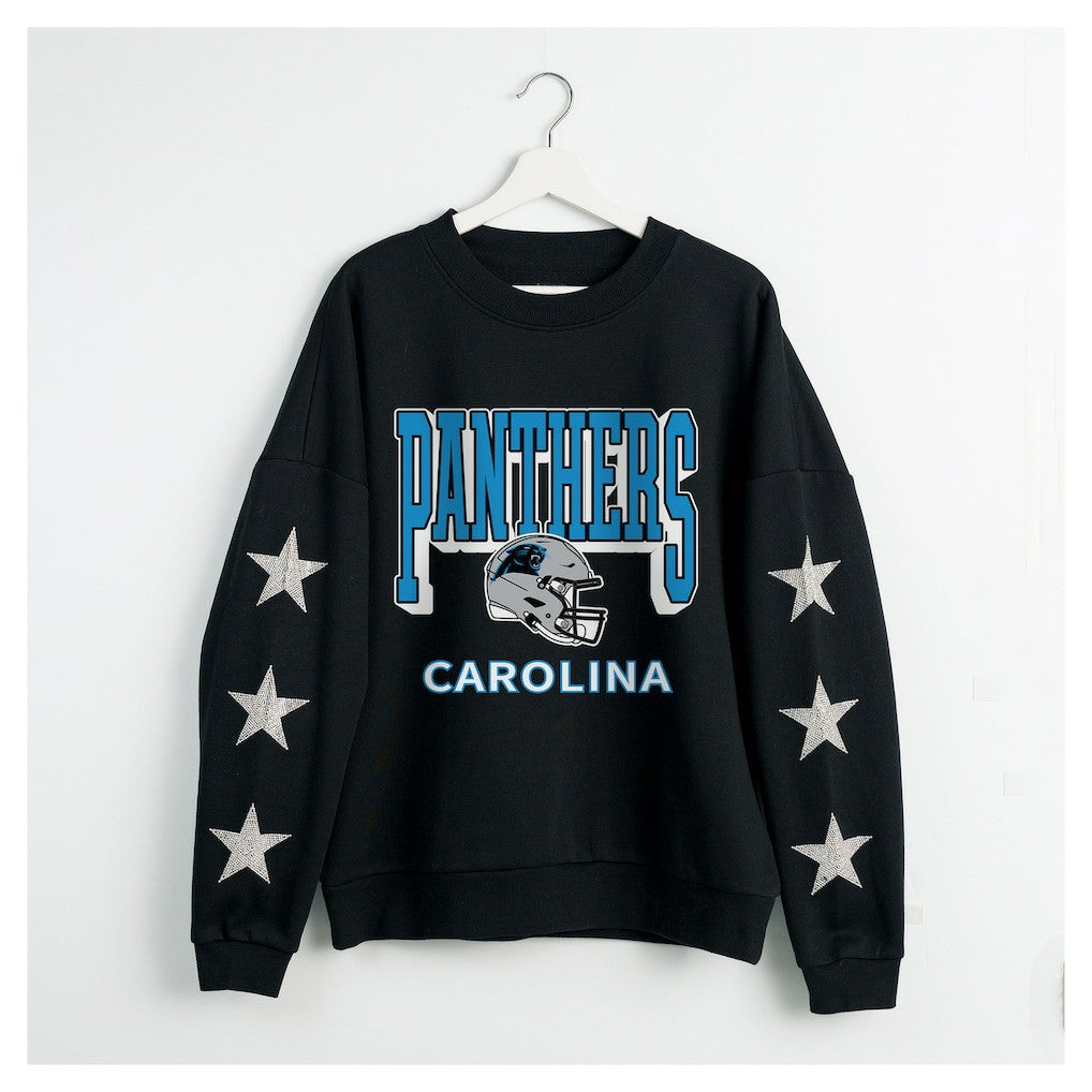 Carolina Panthers Gameday Couture Women's Pure Victory Rhinestud Star-Sleeve Pullover Sweatshirt - Black Pullover