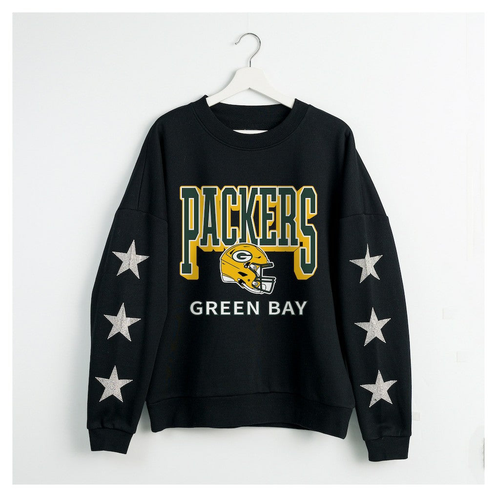 Green Bay Packers Gameday Couture Women's Pure Victory Rhinestud Star-Sleeve Pullover Sweatshirt - Black Pullover