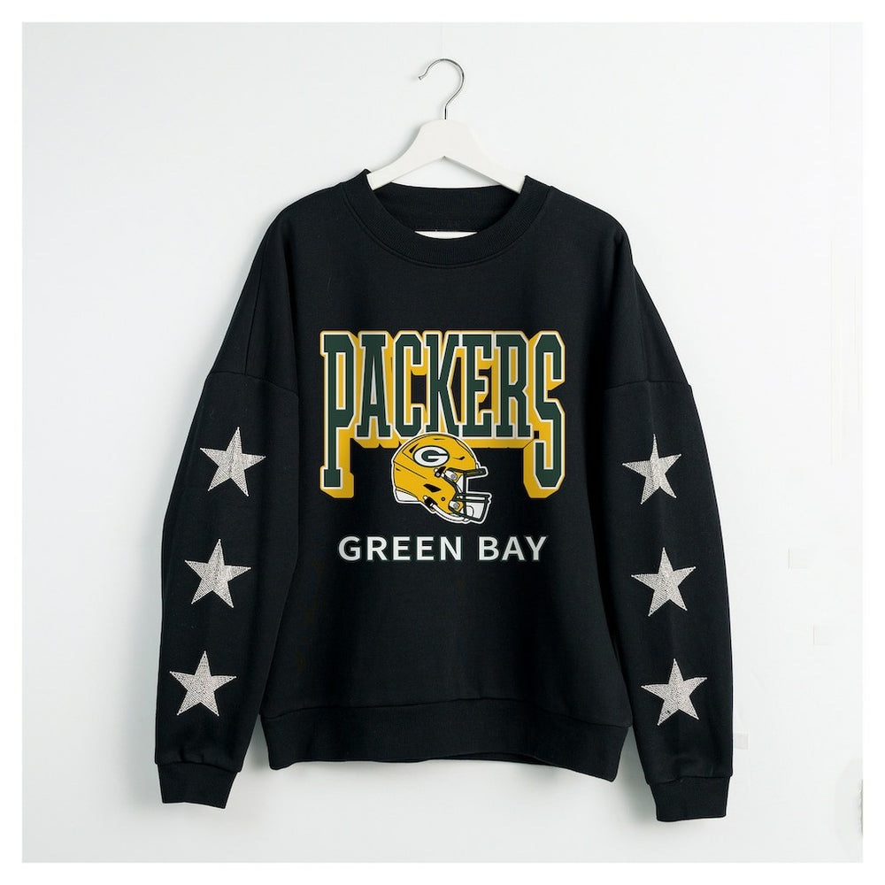 Green Bay Packers Gameday Couture Women's Pure Victory Rhinestud Star-Sleeve Pullover Sweatshirt - Black Pullover