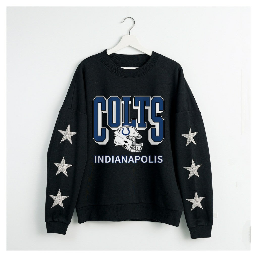 Indianapolis Colts Gameday Couture Women's Pure Victory Rhinestud Star-Sleeve Pullover Sweatshirt - Black Pullover