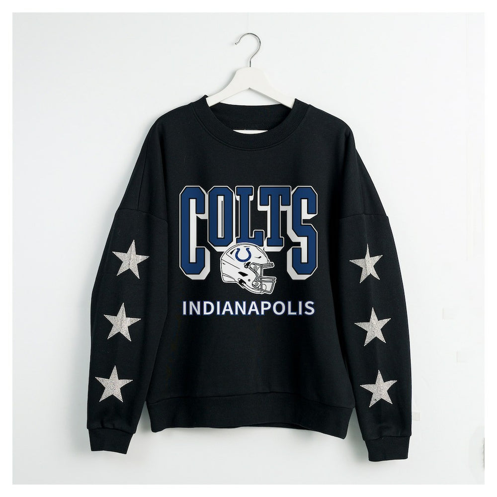 Indianapolis Colts Gameday Couture Women's Pure Victory Rhinestud Star-Sleeve Pullover Sweatshirt - Black Pullover