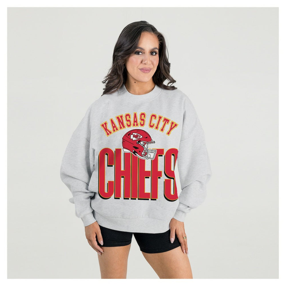 Kansas City Chiefs Gameday Couture Women's Fierce Focus Premium Oversized Fleece Pullover Sweatshirt - Ash Pullover