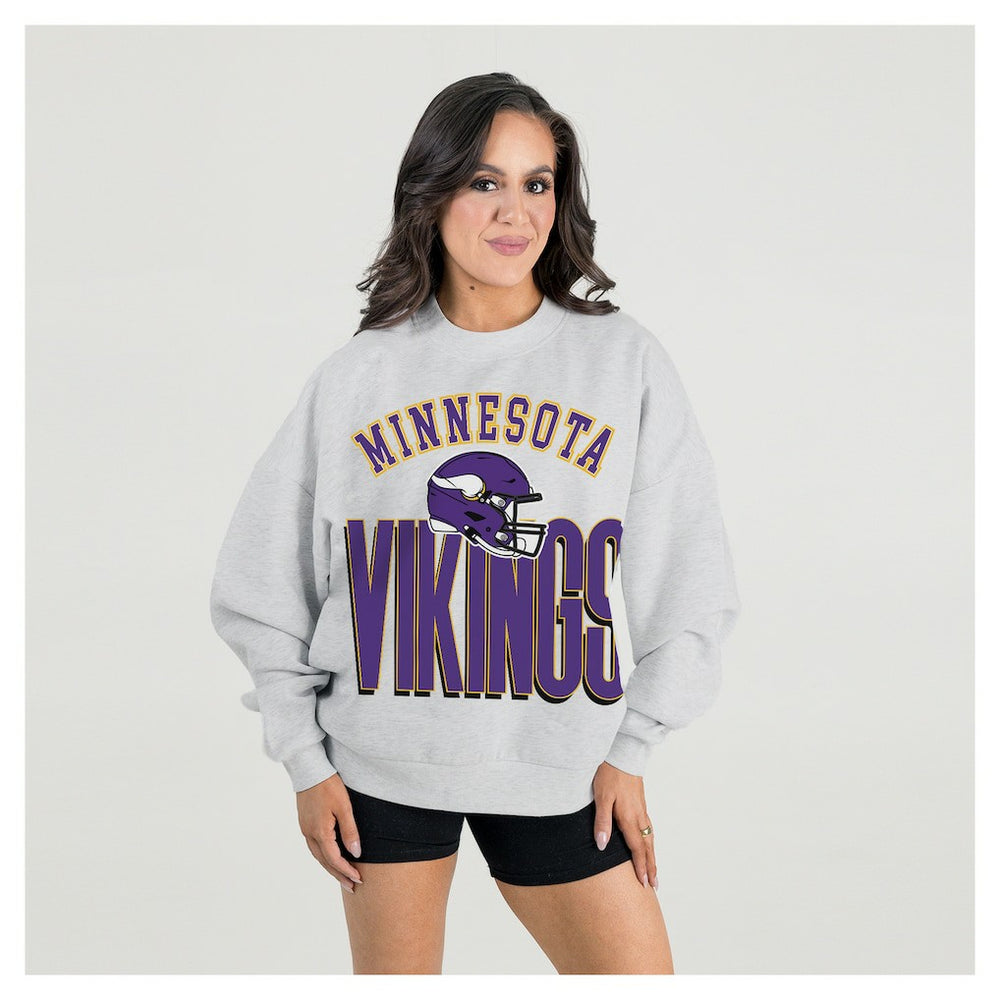 Minnesota Vikings Gameday Couture Women's Fierce Focus Premium Oversized Fleece Pullover Sweatshirt - Ash Pullover