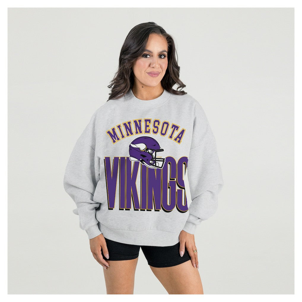 Minnesota Vikings Gameday Couture Women's Fierce Focus Premium Oversized Fleece Pullover Sweatshirt - Ash Pullover