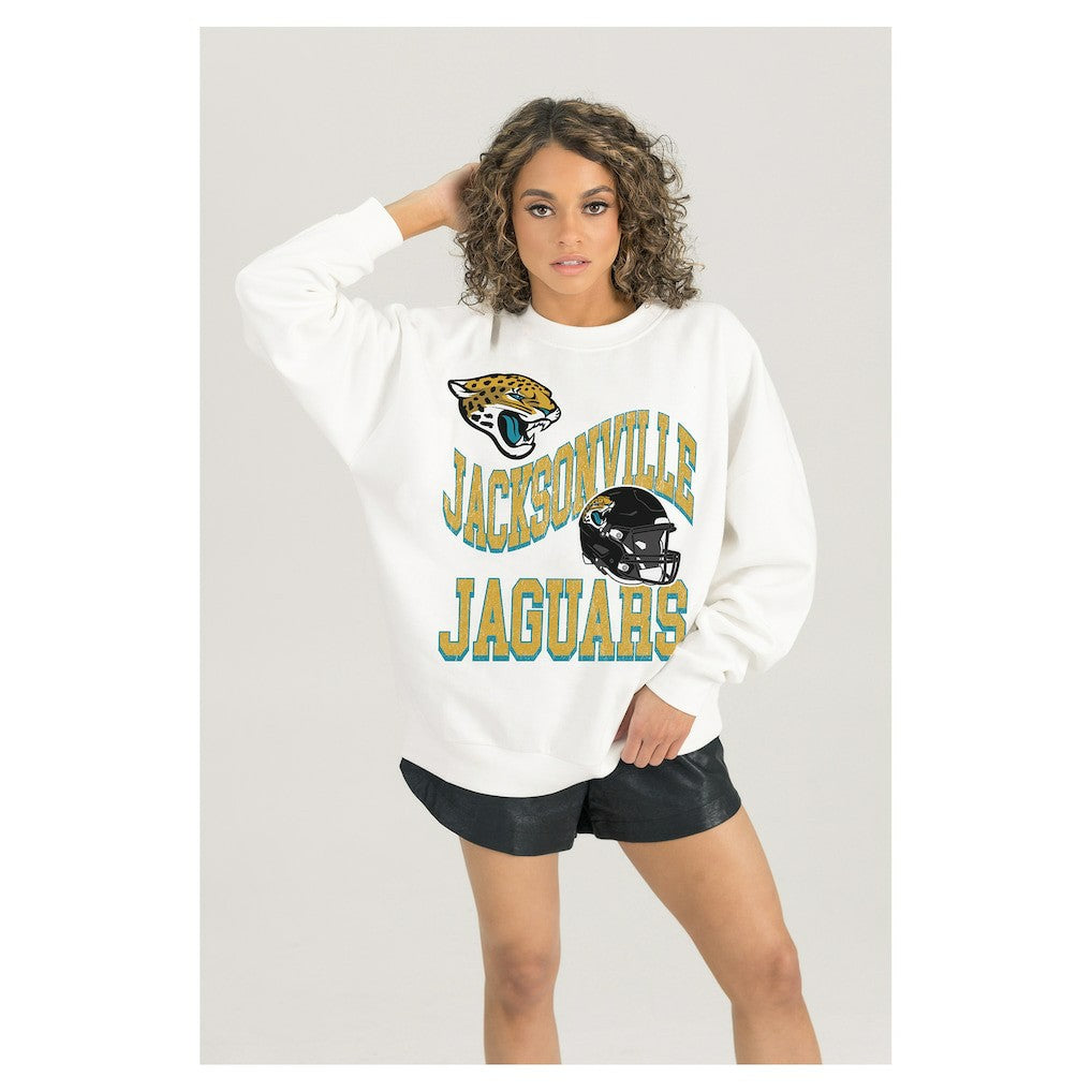 Jacksonville Jaguars Gameday Couture Women's Oversized Hard Earned Premium Fleece Pullover Sweatshirt - White Pullover