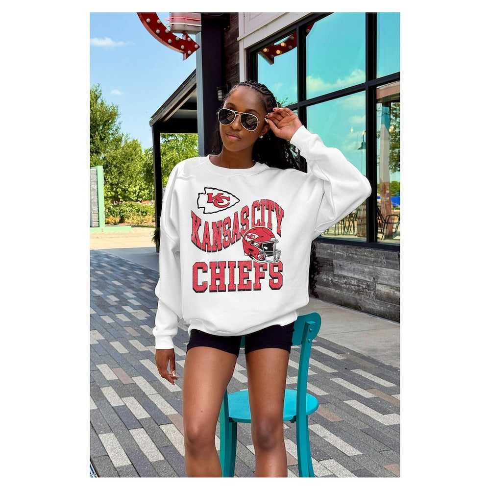 Kansas City Chiefs Gameday Couture Women's Oversized Hard Earned Premium Fleece Pullover Sweatshirt - White Pullover