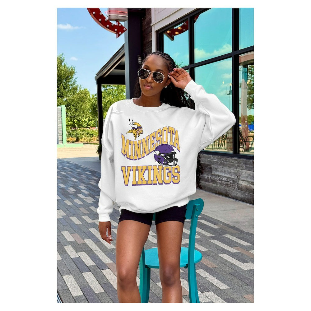 Minnesota Vikings Gameday Couture Women's Oversized Hard Earned Premium Fleece Pullover Sweatshirt - White Pullover