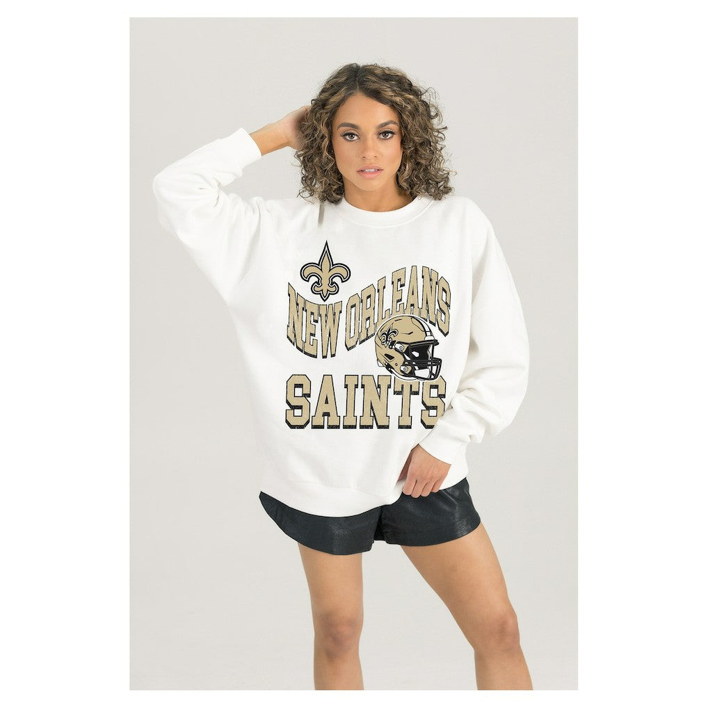 New Orleans Saints Gameday Couture Women's Oversized Hard Earned Premium Fleece Pullover Sweatshirt - White Pullover