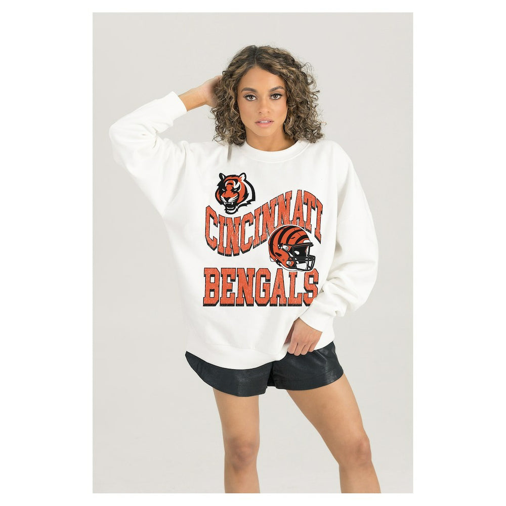Cincinnati Bengals Gameday Couture Women's Oversized Hard Earned Premium Fleece Pullover Sweatshirt - White Pullover