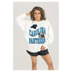 Carolina Panthers Gameday Couture Women's Oversized Hard Earned Premium Fleece Pullover Sweatshirt - White Pullover